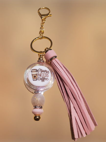 Mama Needs Coffee Beaded Keychain with Fancy Tassel