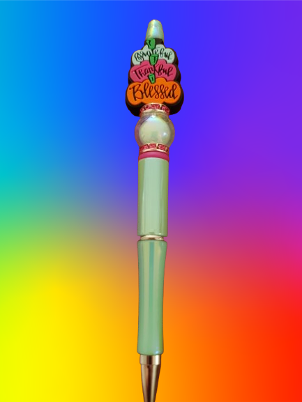 Grateful Thankful Blessed Beaded Pen on Shiny Green Base