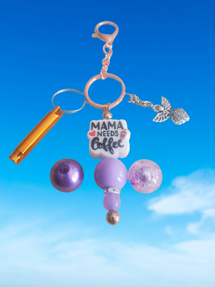 Mama Needs Coffee Beaded Keychain - Select Color Shown with Optional Add Ons