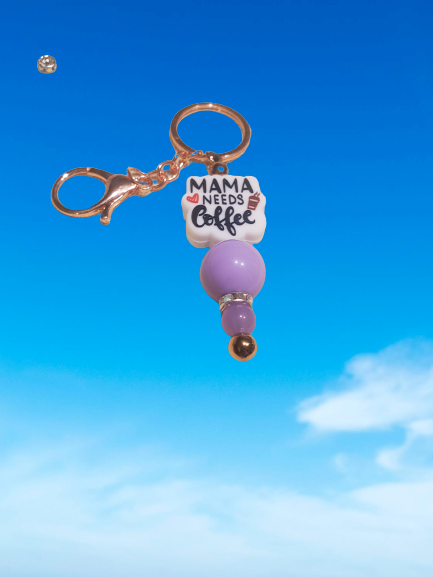 Mama Needs Coffee Beaded Keychain - Select Color Shown with Optional Add Ons