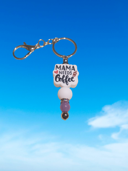 Mama Needs Coffee Beaded Keychain - Select Color Shown with Optional Add Ons
