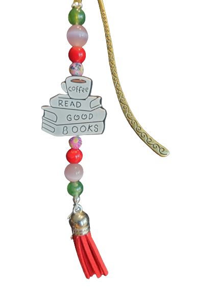 "Coffee Read Good Books" Beaded Bookmark on Bronze Bookmark