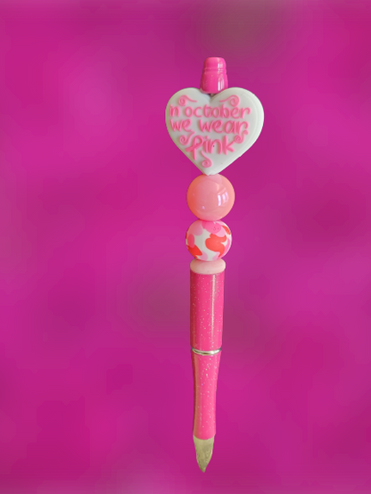 "In October We Wear Pink" Breast Cancer Support Beaded Pen - Choose Color