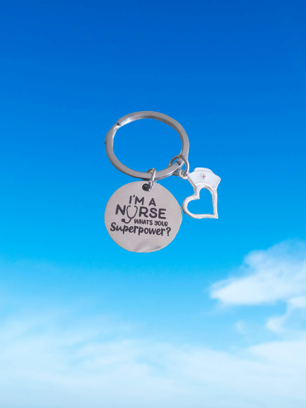 "I'M A NURSE What's your Superpower" Round Silver Tag with Charms