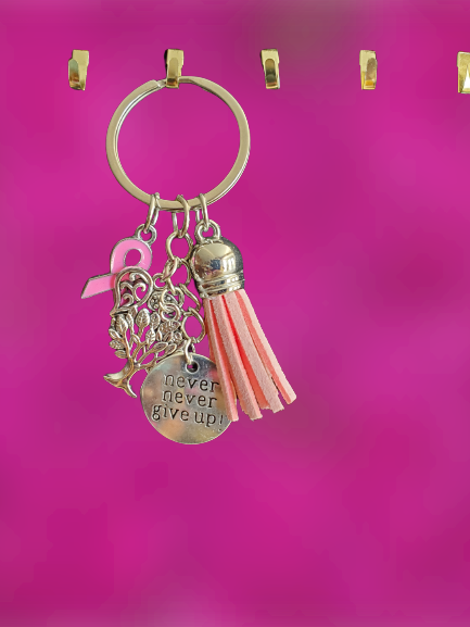 "Never Give Up" Breast Cancer Support Tag with Multiple Charms