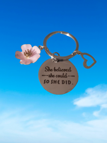 "She believed she could SO SHE DID" Round Silver Tag with Flower and Heart Charm